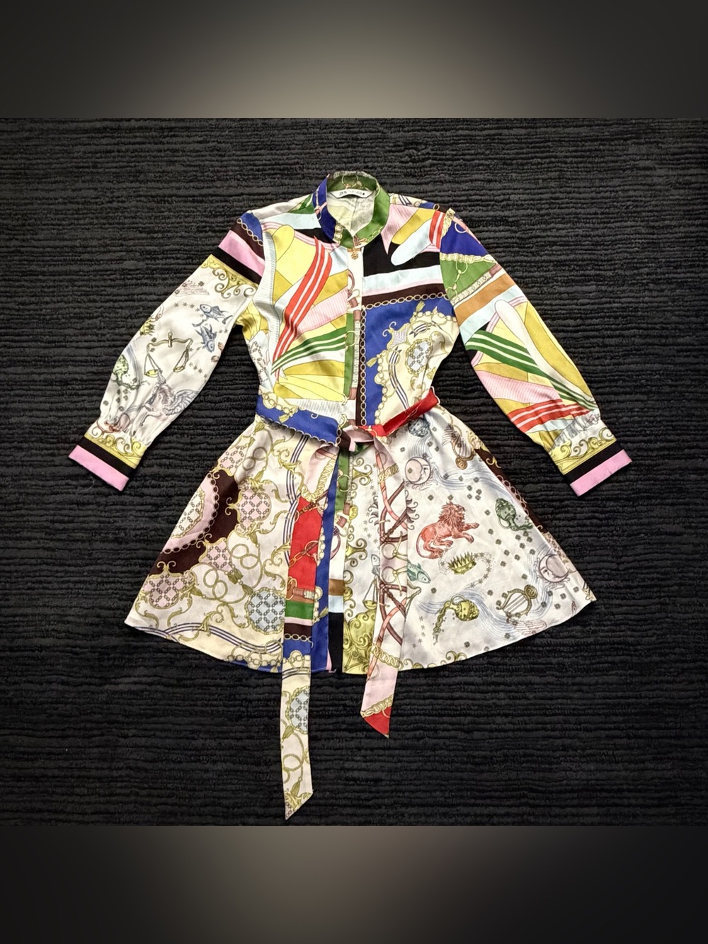 Zara Pattern Block Button Front Multicolor Belted Mini Dress